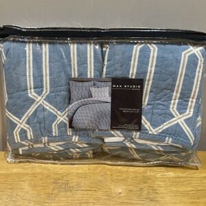 Max‎ Studio Home 2 Pillow Shams Blue Diamond Geometric Quilted Standard NWT